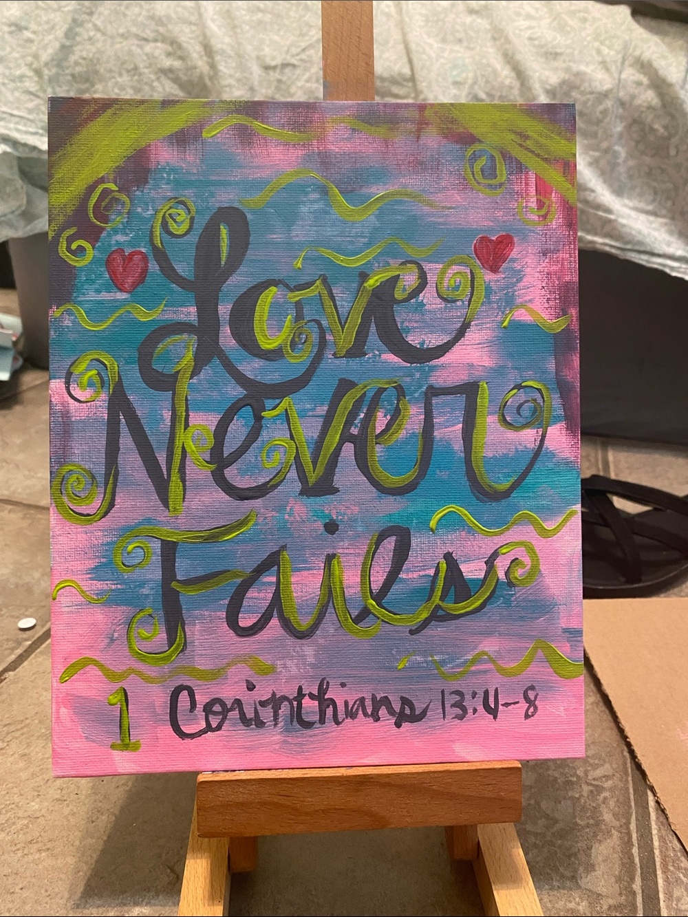 Love Never Fails Wall Art - Pink & Teal Inspirational Canvas 8x10